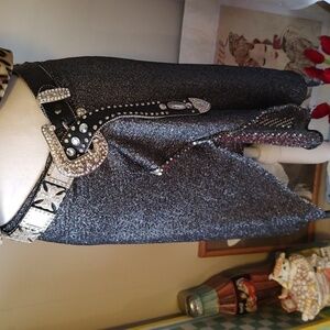 BLACK LEATHER SILVER and CRYSTAL EMBELLISHED BELT 36"